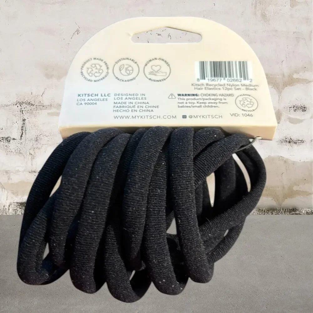 Kitsch Black Elastic Hair Ties 12pc Set NEW